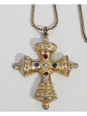 Vintage 1980s Ornate Jeweled Byzantine Cross Pendant with Signed Monet Chain